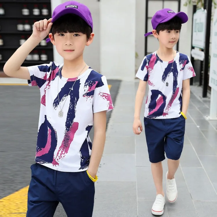 

Kids summer multi color cotton clothing set t-shirt and shorts little boys clothing, Picture