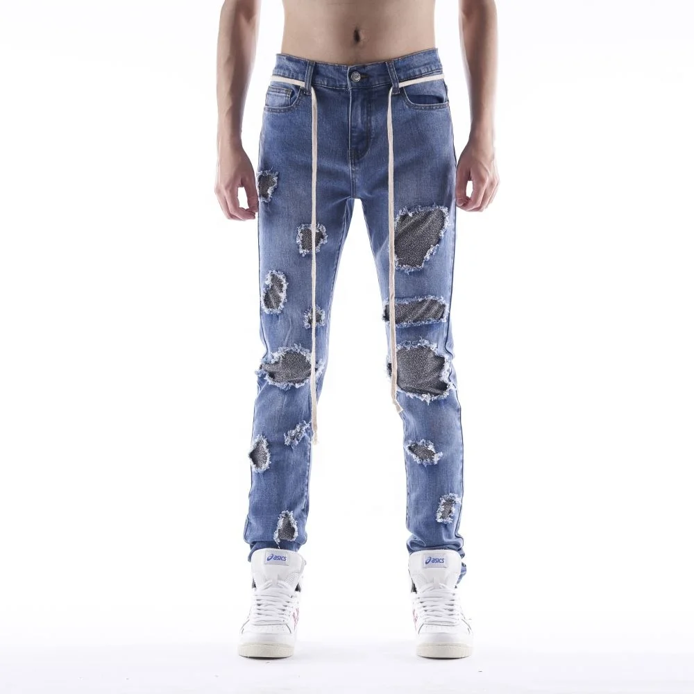 

DiZNEW Distressed Denim Pants for man stretch torn ripped robin jeans, As picture or customized