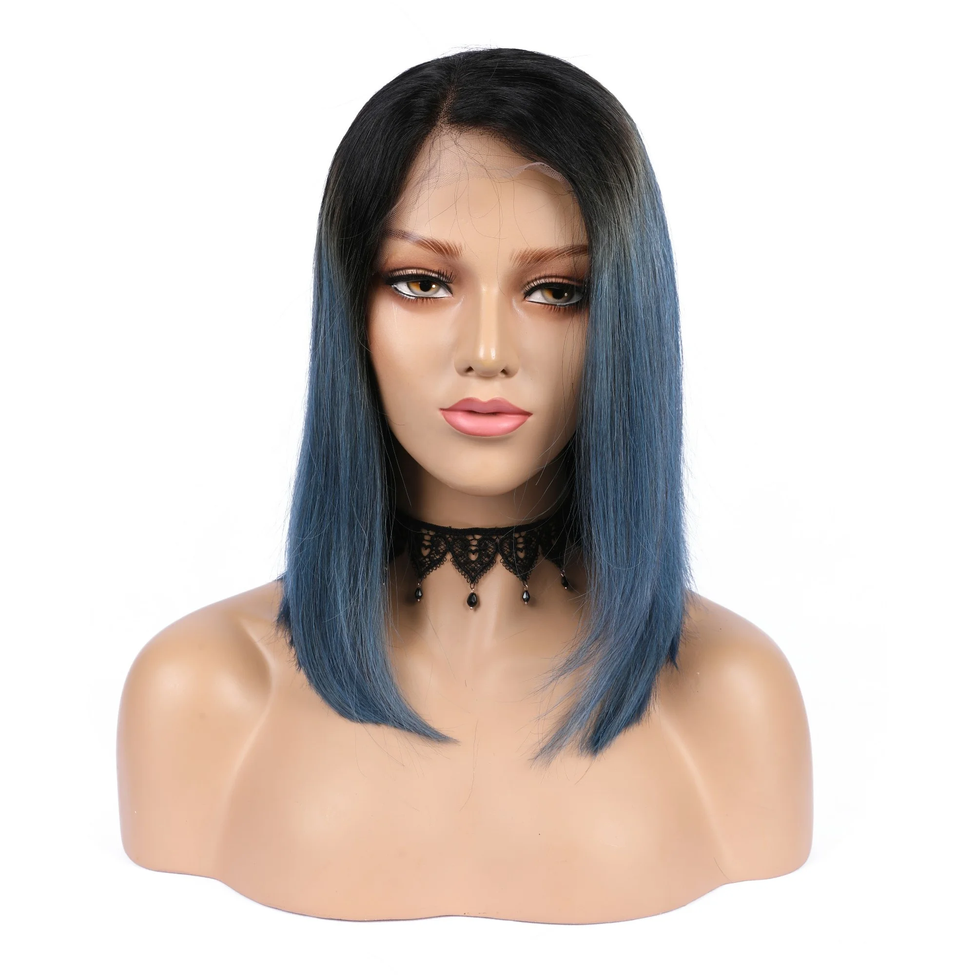 

Ombre dark blue bob virgin human hair lace front wig for black women