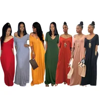 

Casual V-neck short sleeve pocket solid color plus size women's maxi dress