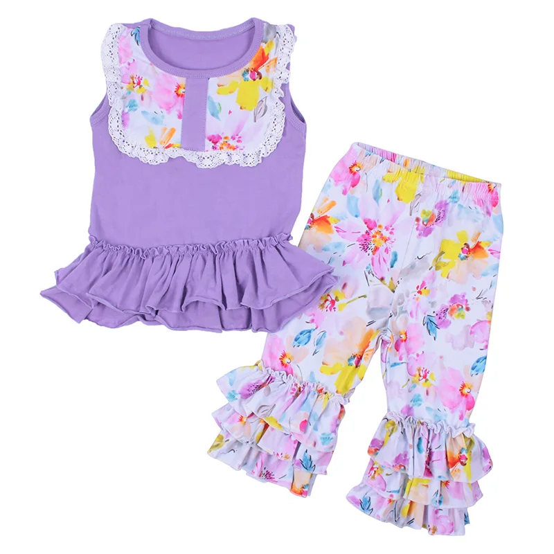 

2019 New Fashion Purple Sleeveless Tops Capri Sets Girls Floral Print Outfits, As pic