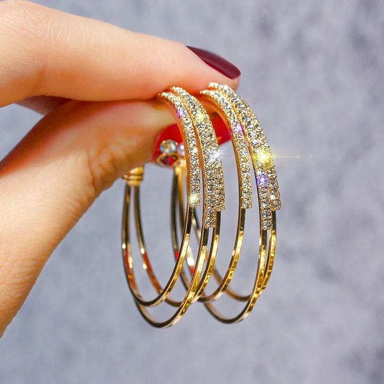 Personalized Shine C Shape 925 Silver Pin Women Alloy Rhinestone Hoop Earrings