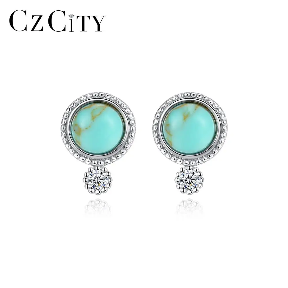 

CZCITY Women Fine Jewelry Brincos Joyeria Fina Para Mujer Gift Real 925 Sterling Silver Round Turquoise Stud Earrings