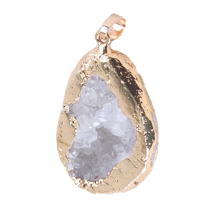 

Gold Plated Crystal Cluster Geode Pendant Rough Cut Stone Pendant Druzy Pendant, White