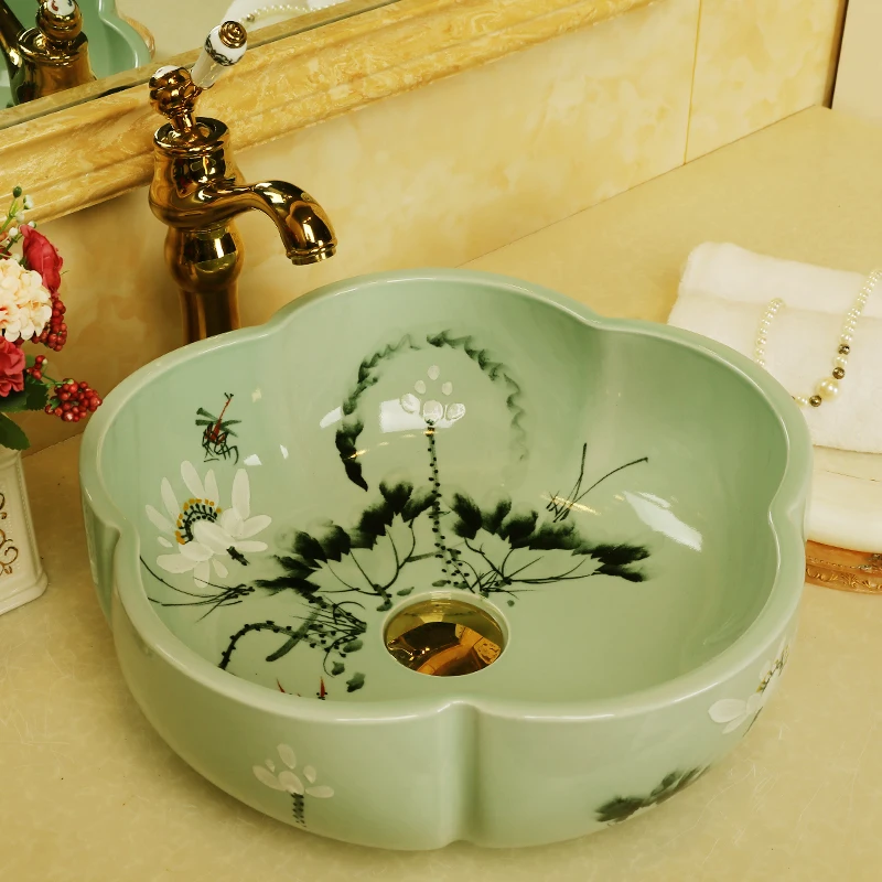

Europe style Golden chinese washbasin sink Jingdezhen Art Counter Top ceramic wash hand basin green flower shape bathroom sink