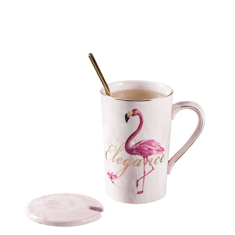 

Z 627 12OZ Ceramic flamingo marble mug Coffee Cup with lid Spoon 3pcs Gift Mug Set