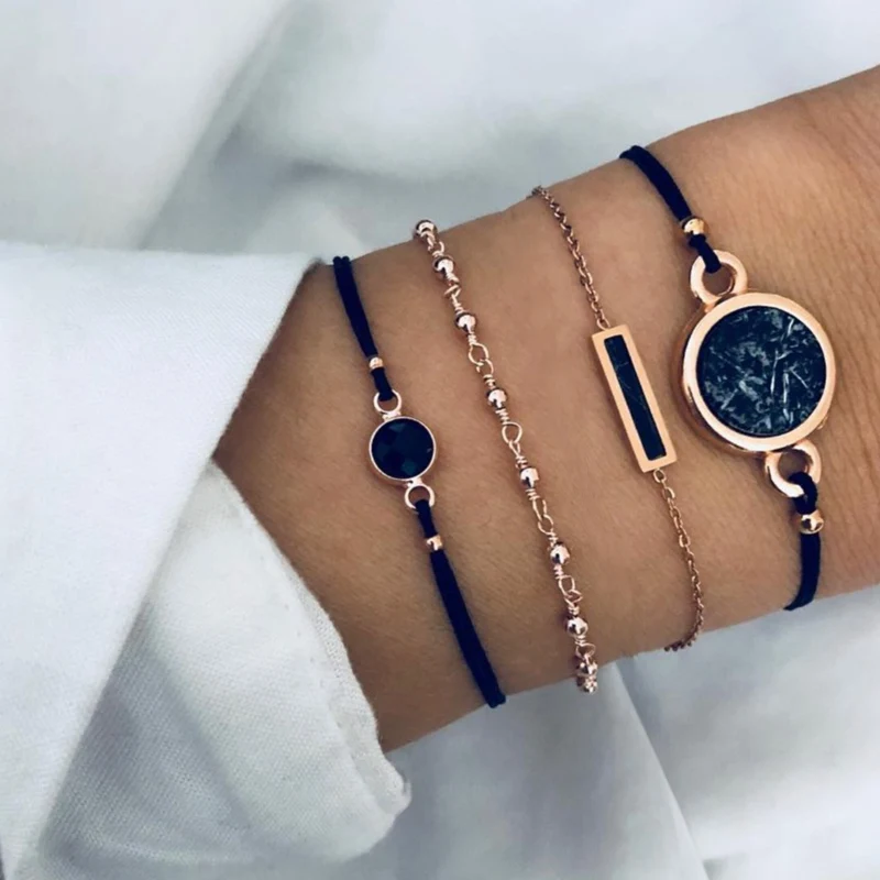 4pc/set personality black turquoise pattern bracelet handmade chain black square temperament female jewelry Gold chain bracelet