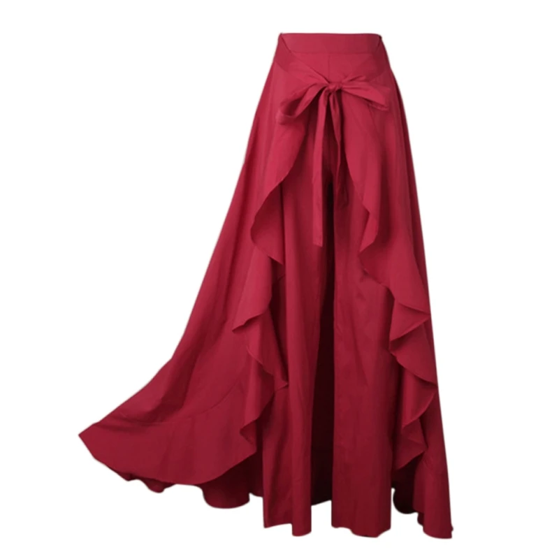 

Women Fashion Tie-Waist Wrap Skirts Pants Casual Navy Chiffon Ruffle Wide Leg Loose Dress