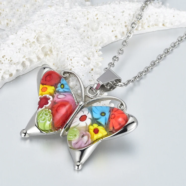 

China Dongguan Factory Jewelry Wholesale Murano Glass Butterfly Pendant Charm Necklace For Men And Women, Colorful