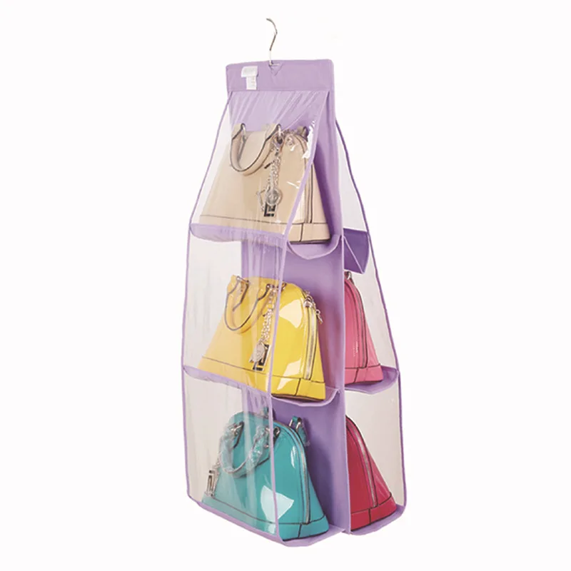 

Z738 Hanging Storage Bag Organizer Double Sided Six Layer Dust Proof Handbag Storage Bag Thick Non Woven PVC Hanging Bag
