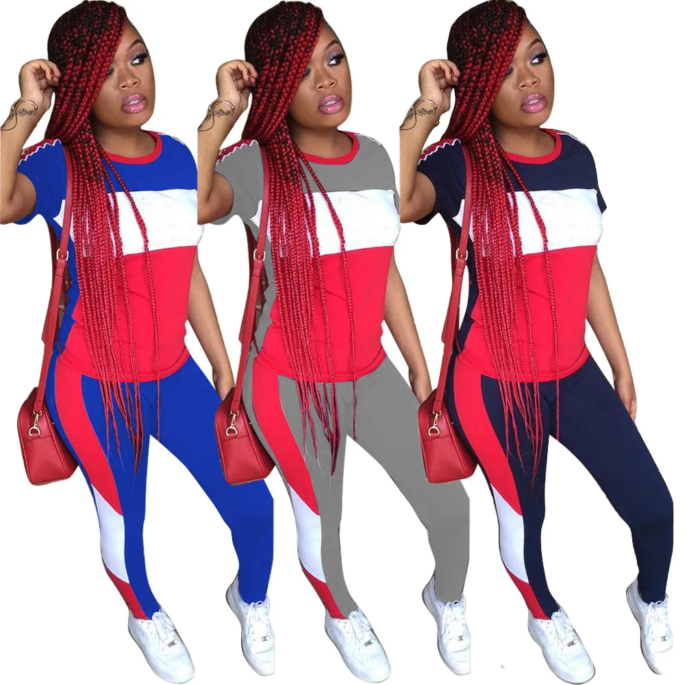 SAHM5197 spandex short sleeve tshirt and stretch pants training clothing woman two piece jogging suit