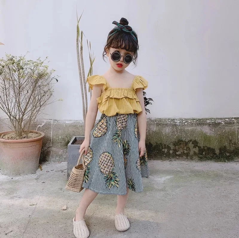 

2019 New Summer Girls Clothes Pineapple T-shirt Tutu Skirts Children Clothing Set Fashion 3 4 5 6 7 8 Year Kids Suits, As picture
