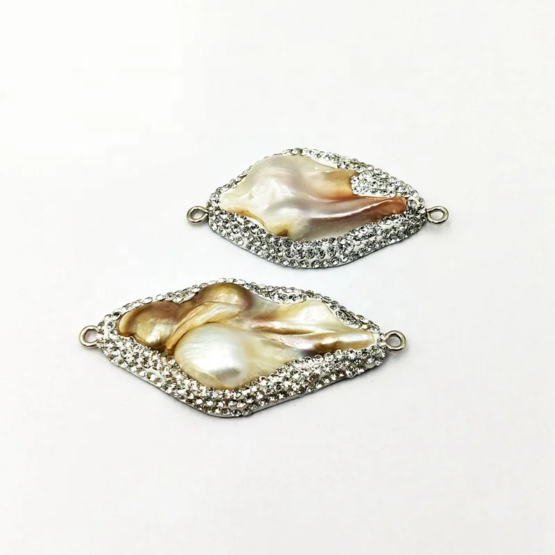 

Wholesale oyster pearls connector baroque pearl connectors for bracelet necklace making micro rhinestones paved pendant