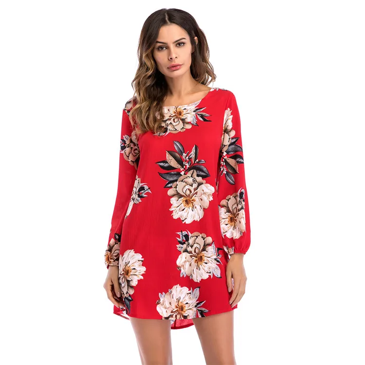 

Summer Fashion Sublimation Printed Red Floral Dress Women, Shown