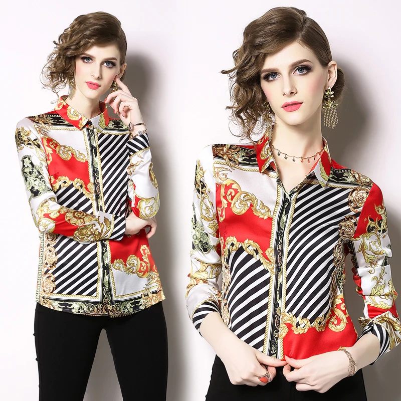 2019 Summer New Fashion Wholesale Tops Women Long Sleeve printing Casual stylish Blouse