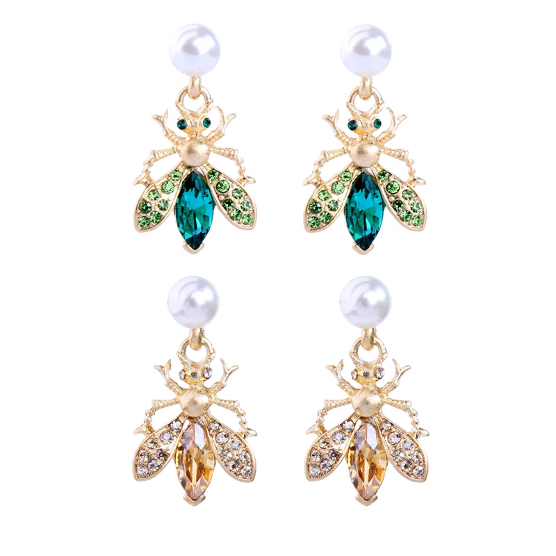 

ed01247b Spring Series Bee Shape Wore Gold Plated Pearl Crystal Earrings for Women