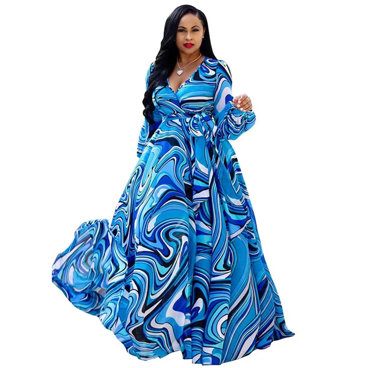 

YQ418 Summer Women Maxi print dress Beach Chiffon Party long Dress, As shown