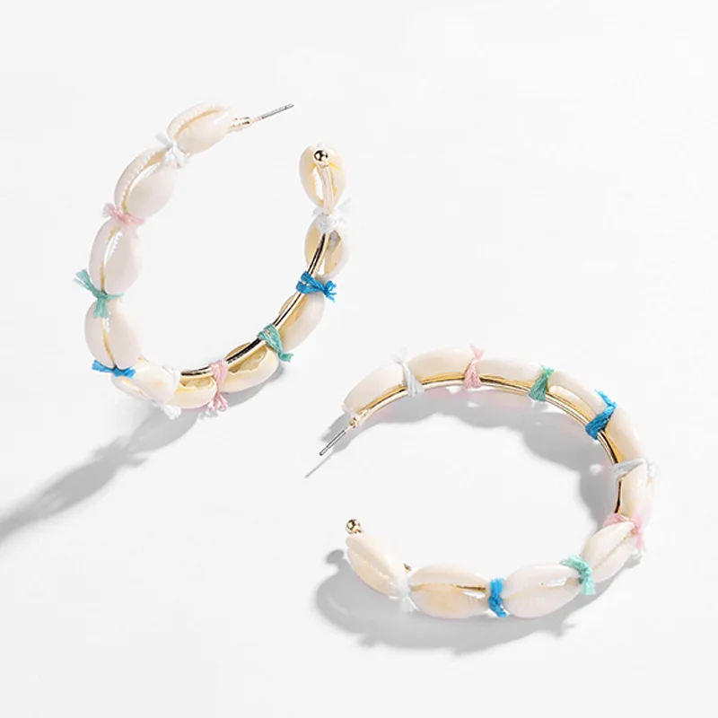 

Fashion jewelry hollow copper cowry ear rings for women big C shape handwoven natural seashell hoop earrings, N/a