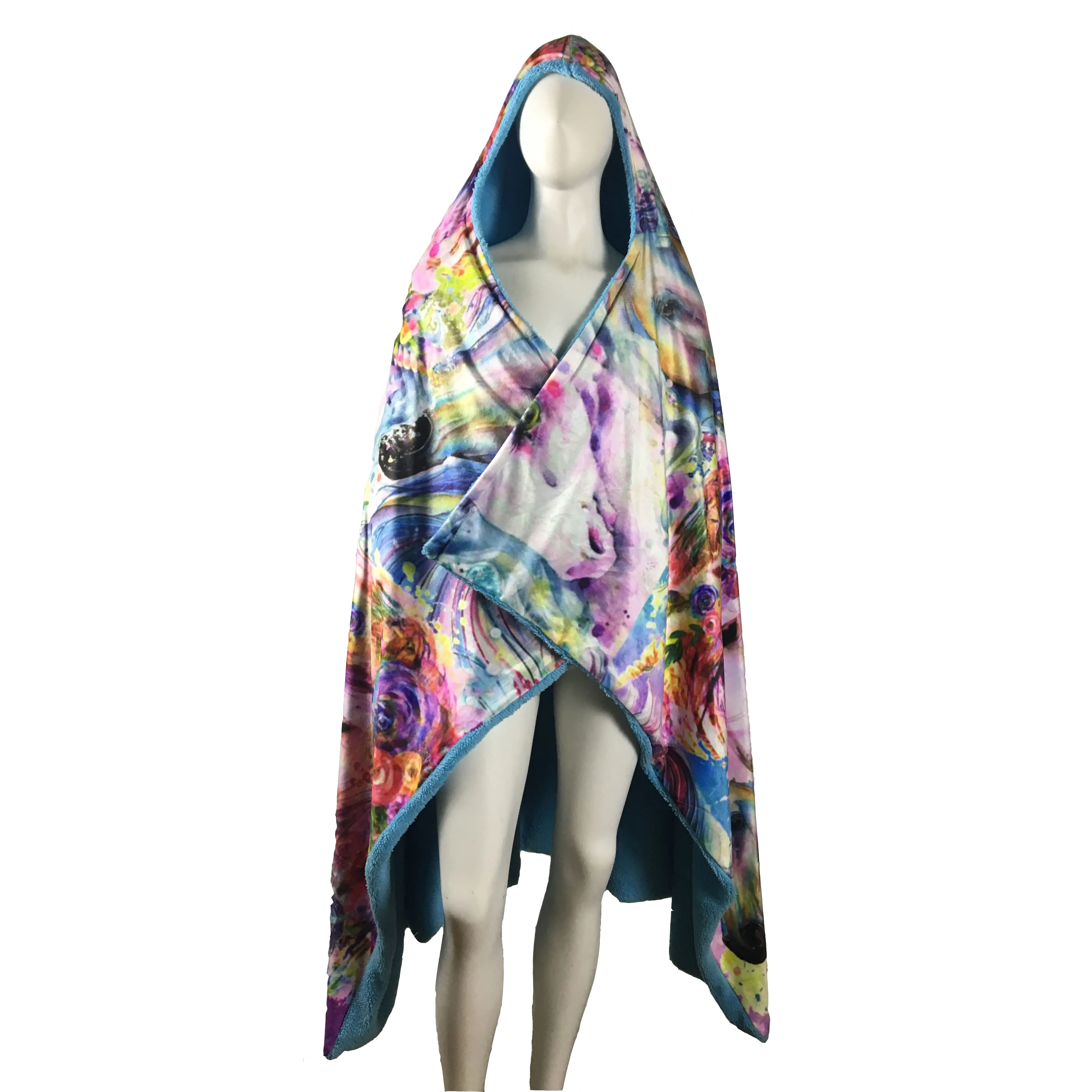 

dropshipping custom 3d printed winter wrap plush hooded blanket sublimation printing wearable super soft thick travel blanket, Blue