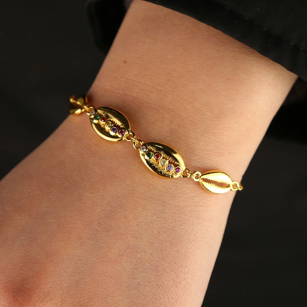 

New arrived fashion gold filled shell charm coonnector tiny link chain bracelet with rainbow cz paved colorful bracelet