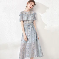 

In stock short sleeves round neck blue vintage pleated tie belt calf-length casual summer women floral print chiffon dress
