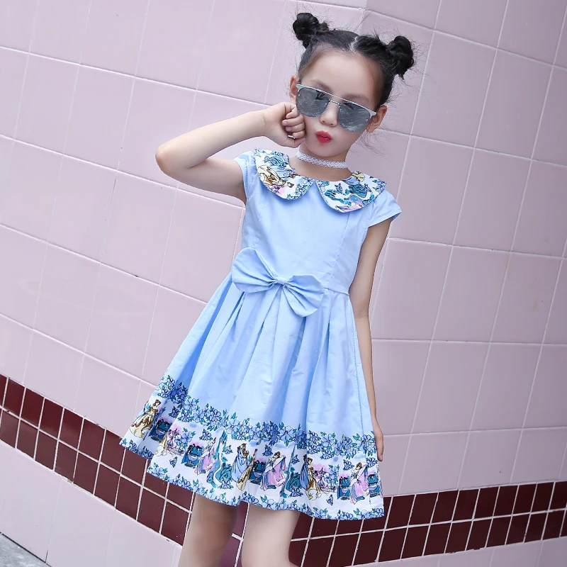 

Low Price Girls Summer Cotton Fabric Short Sleeve Ruffles Kids Casual Dress, As picture