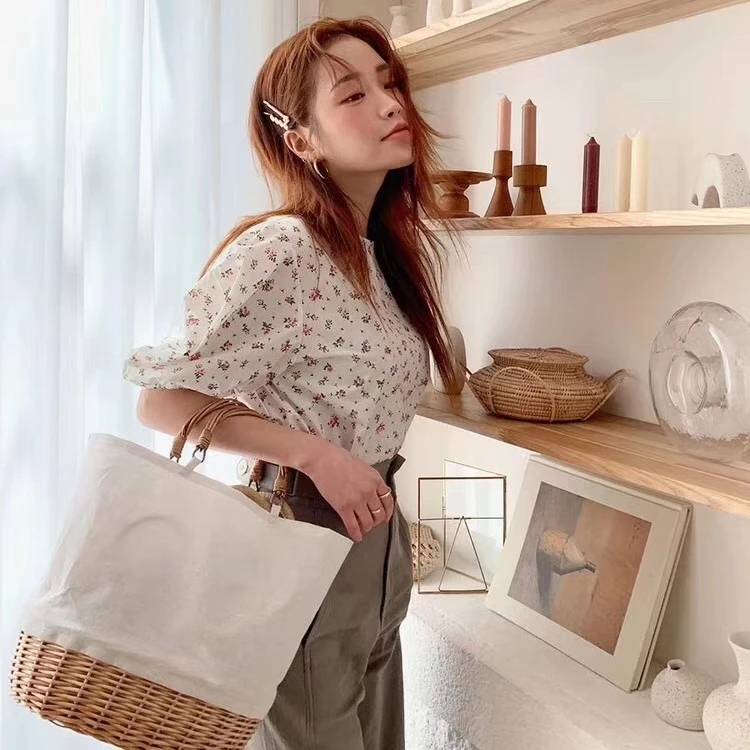 

New design bamboo basket woven handle canvas straw tote bag
