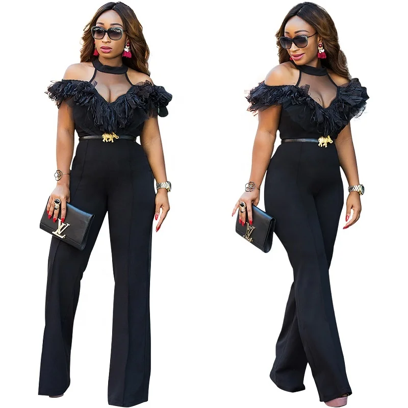 

sexy Halter Neck Mesh Women Fashion Jumpsuit Cold Shoulder Black Ladies Jumpsuit with Flutter Ruffle Jumpsuit