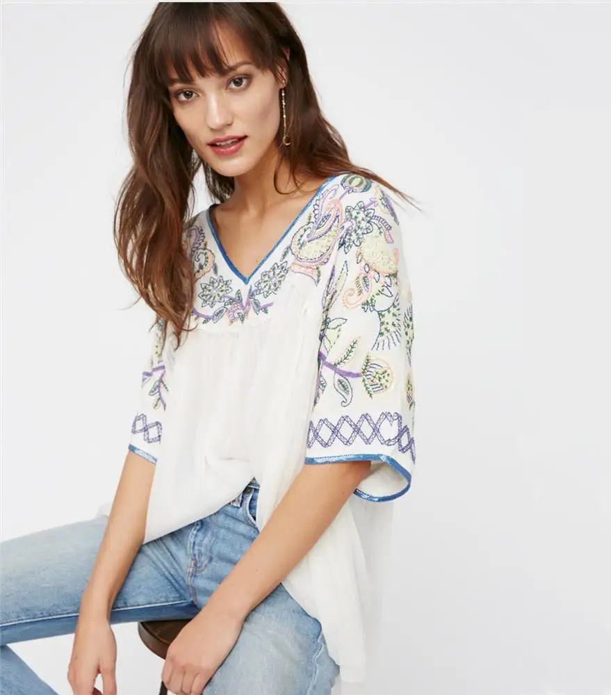 

women loose Embroidery floral blouse romantic top, White