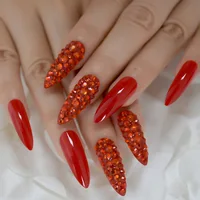 

Chinese Red Luxury Fake Nails Full Cover Rhinestones Gorgeous Stiletto Long Custom Press On Nail Handmade Manicure Tips 24