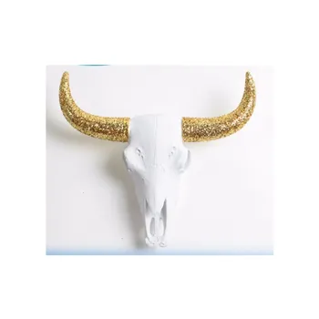 Wall Mount Wgold Glitter Horns White Gold Resin Bull Cow Skull