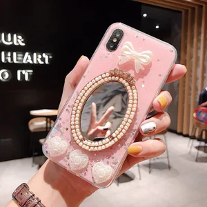 Luxury Pearl Diamond Makeup Mirror Phone Case iPhone