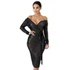 Summer Mesh Dresses Women Hollow Out Sequins Long Sleeve Party See Through Wrap Mini Dress Club Y11484