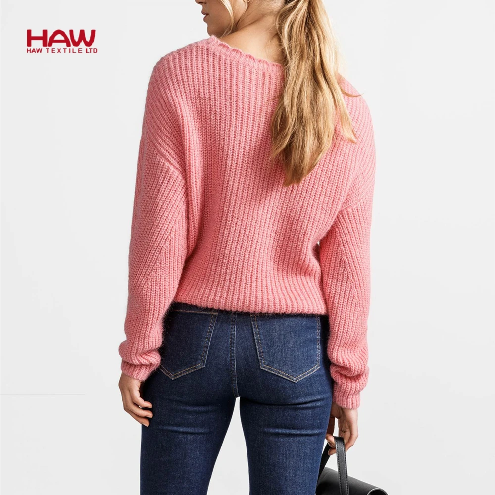 
Pointelle Round Collar Wool Women Full Length Sweater 