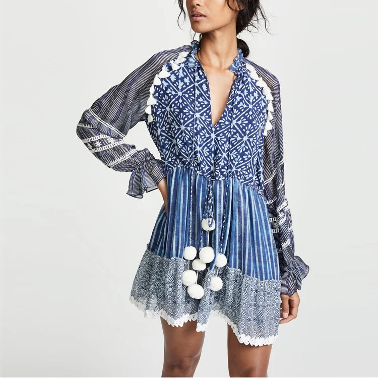 

Ladies Clothes ethnic style long sleeves swim cover-up short mini dress, Customized
