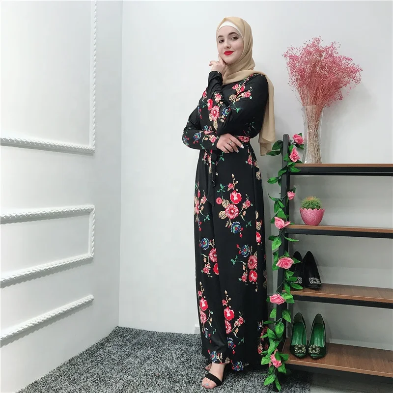 

2019 latest beautiful muslim printing floral dress women abaya wholesale, Pink,white,lake blue,black