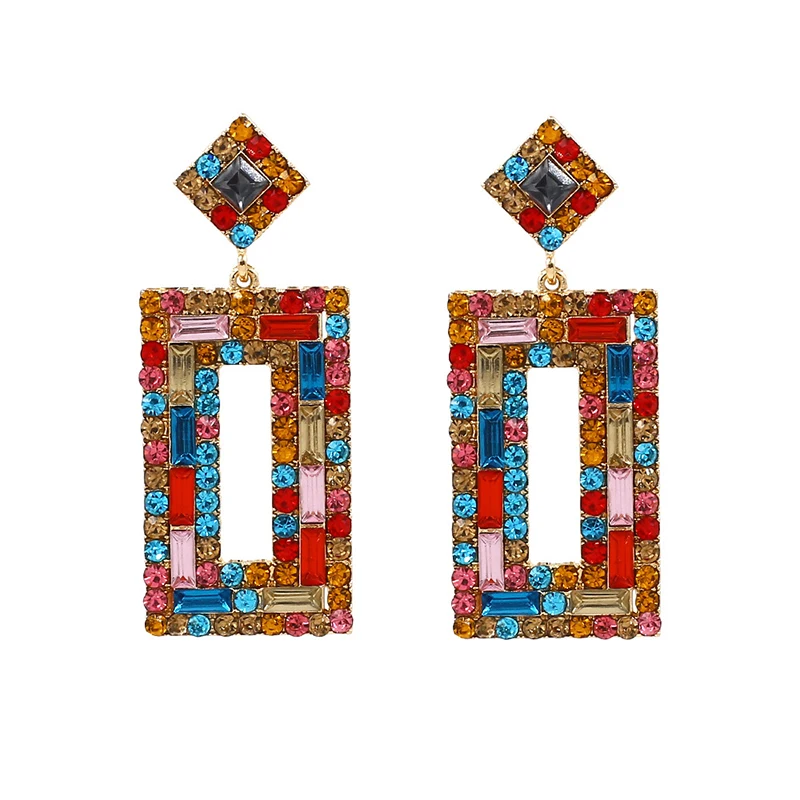 

Luxury Colorful Rhinestone Big Square Drop Earrings For Bride Shining Geometry Dangle Earrings (KER245), Same as the picture