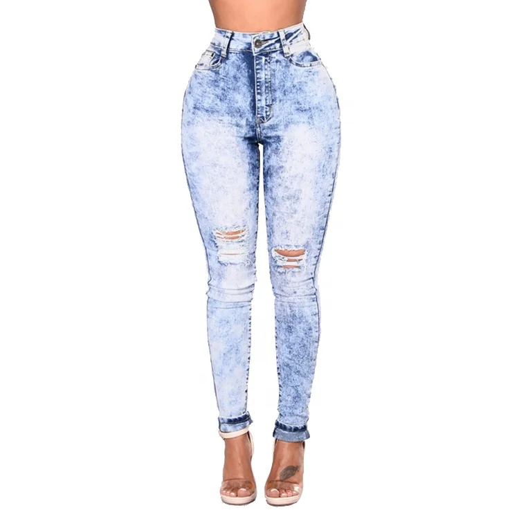

708073 Best Selling Fashion Ripped Denim Pants Elastic Feet Women Skinny Jeans
