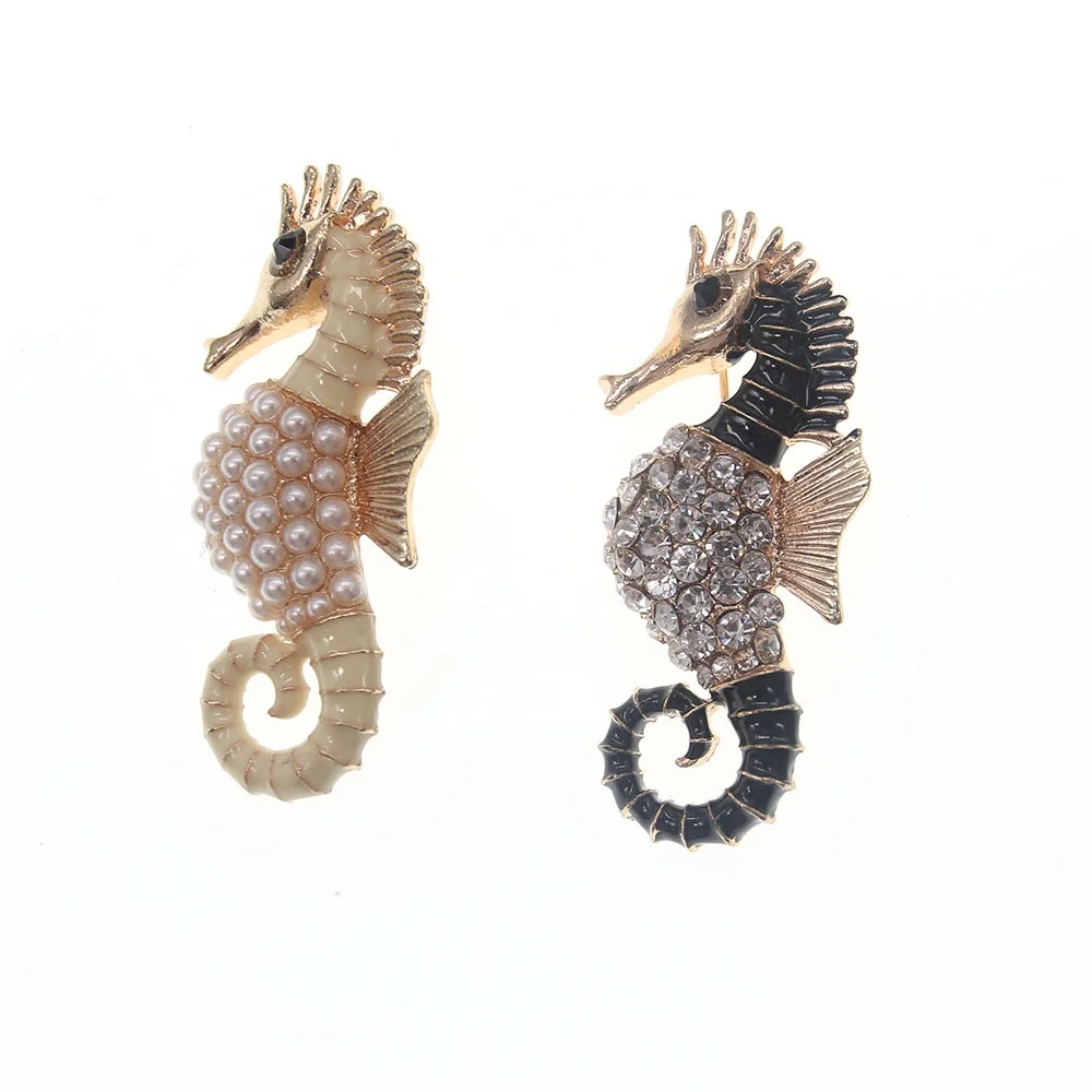

New Design Fashion Metal Seahorse Enamel Pearl Brooch For Jewelry Accessories Pin, Red