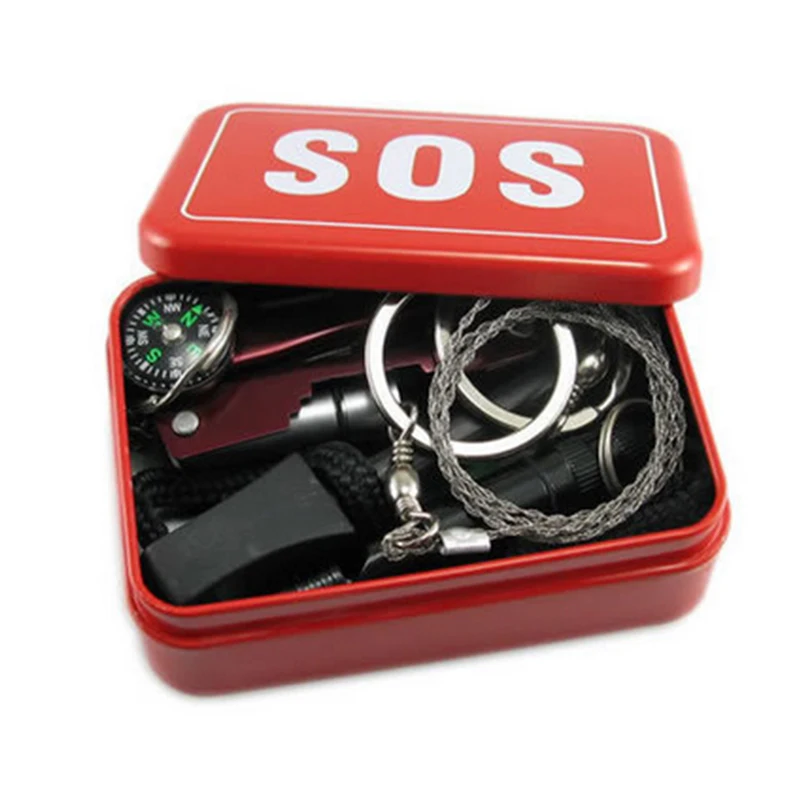 

Outdoor Emergency Survival Gear Kit tin box sports sos