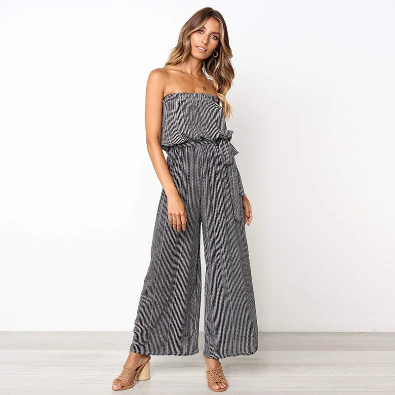 

2019 spring and summer new style hot sale fashion women's pant casual pants long jumpsuit with waist belt and striped fabric