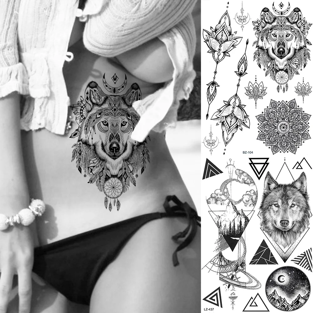 

Wholesale Custom Black Wolf Fake Temporary Tattoos For Men Sticker Triangle Waterproof Tattoo Paper Mandala Henna Body Art Arm