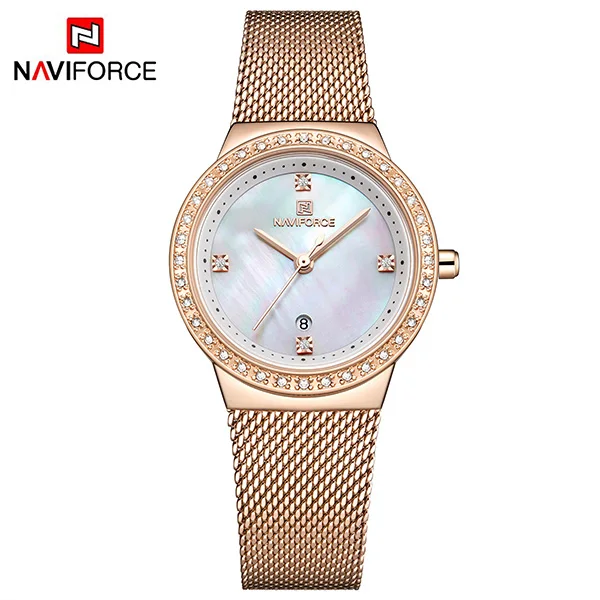 

NAVIFORCE 5005 Luxury Ladies Crystal Watch Waterproof Rose Gold Steel Mesh Quartz Women naviforce reloj, 4 different colors as picture