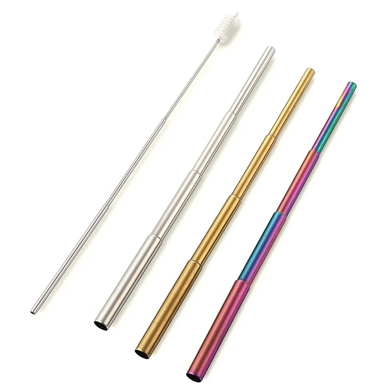 

304 Collapsible Type Telescopic Stainless Steel Metal Straw, Silver;gold;rainbow