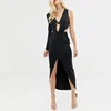 V-neck one-sleeve cut-out split leg midi pencil sexy bustier party dress with metal insert