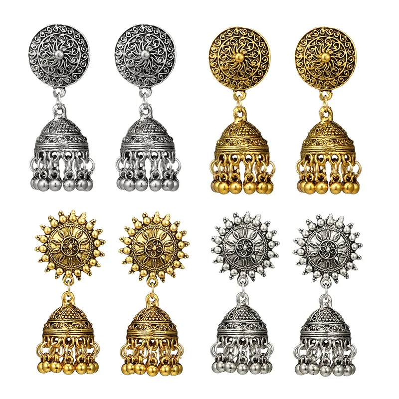 

Gold Indian Jhumka earrings in antique finish bollywood oxidised finish traditional ethnic ornate art deco statement earrings, Picture