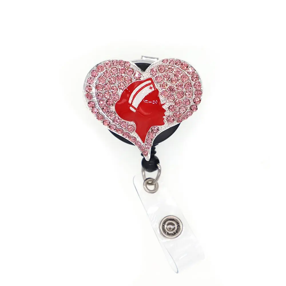 

Pink name card accessories rhinestone red enamel hearts fascinating nurse Retractable Id badge holder Reel, As picture