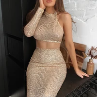 

ADYABY Fashion Trending Style One Shoulder Long Sleeve Sequin Sexy Gold Two Pieces Evening Dresses