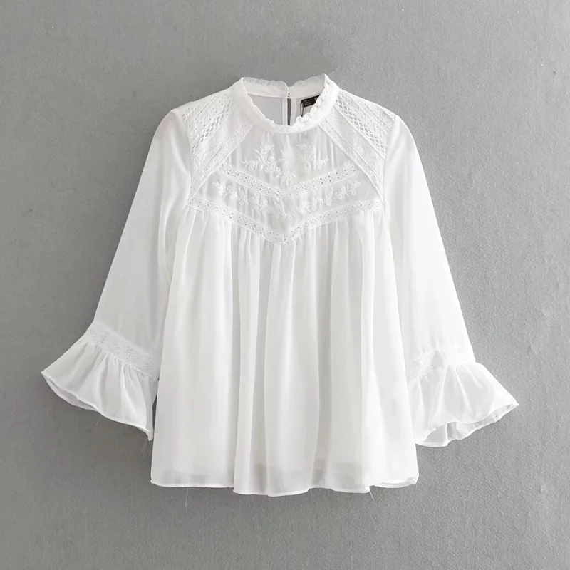 Women White Lace Blouses 2019 Summer Cotton Shirts Hollow Out Floral Embroidery Shirt Solid Girls Chic Petal Sleeve Tops