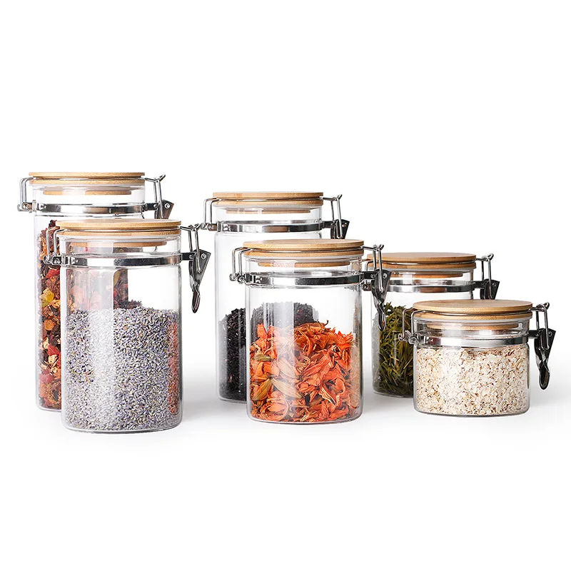 

750ml 950ml 1200ml Clear Kitchen Food Storage Airtight Seal Lock Lid Jar/glass Jar With Wooden Lid, Customized